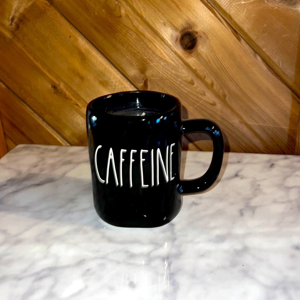 Rae Dunn coffee mug with Caffeine label coffee scented candle within